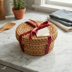 Étoile de Pervenche – Coffret de 6 sous-verres en rotin et nacre, avec couvercle, motif floral violet et vert – vue d'usage – Produit artisanal fait à la main · Kuênia