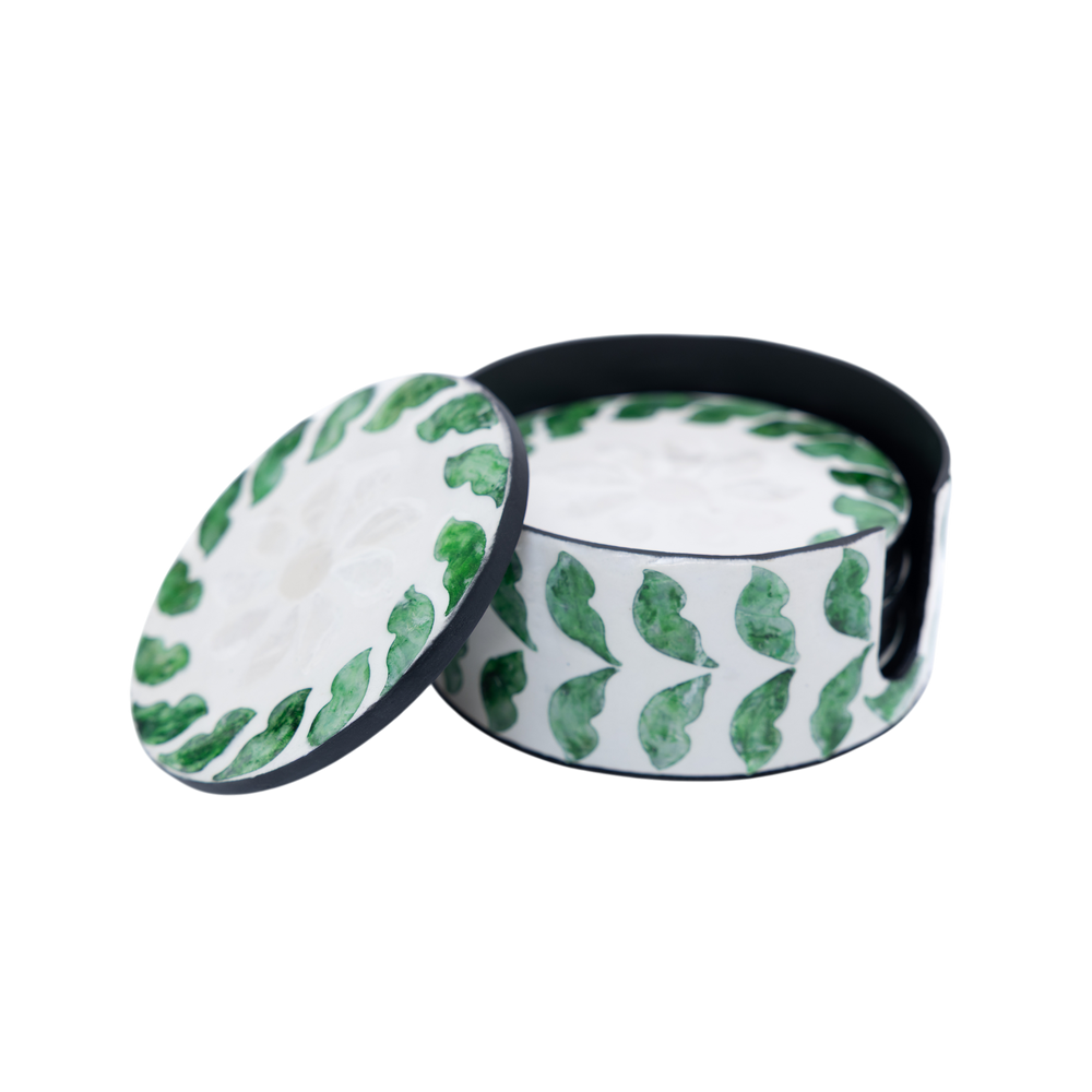 Tourbillons d'Émeraude - Boxed set of 6 coasters all mother-of-pearl, swirling botanical pattern on transparent background – Handcrafted product, handmade · Kuênia