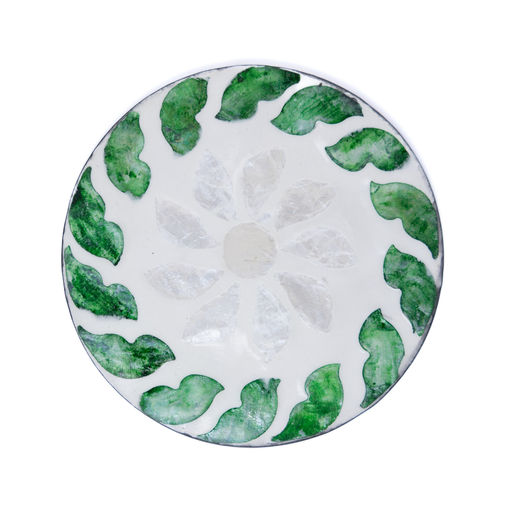 Tourbillons d'Émeraude - Boxed set of 6 coasters all mother-of-pearl, swirling botanical pattern – view 2 – Handcrafted product, handmade · Kuênia