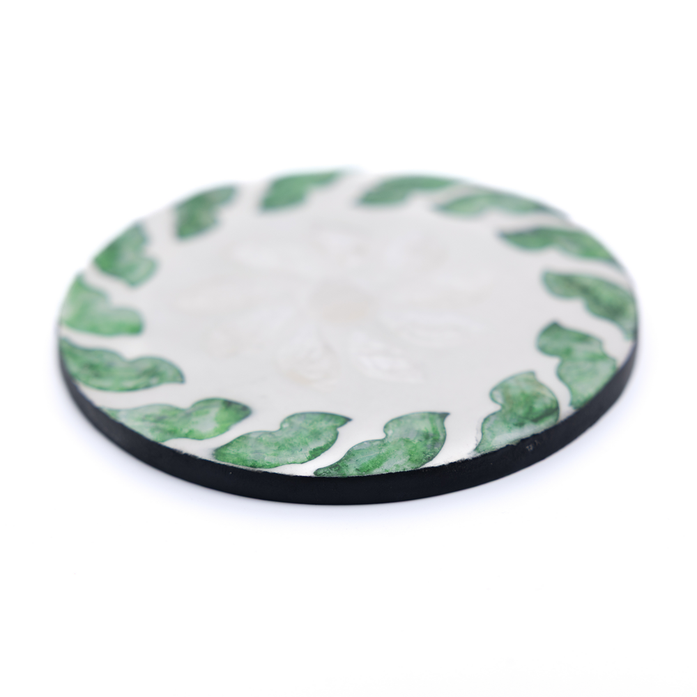 Tourbillons d'Émeraude - Boxed set of 6 coasters all mother-of-pearl, swirling botanical pattern – view 3 – Handcrafted product, handmade · Kuênia