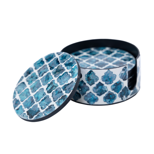 Alvéoles de Saphir - Coffret de 6 sous-verres tout nacre, motif bleu alvéolé sur fond transparent – Produit artisanal fait à la main · Kuênia