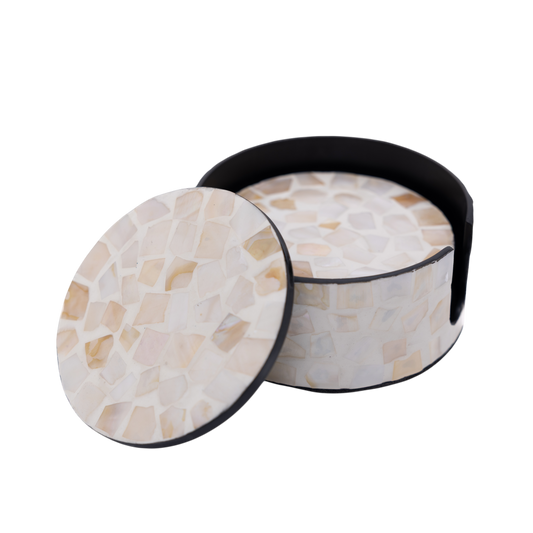 Écorces d'Ambre - Coffret de 6 sous-verres tout nacre, motif mosaïque blanc et ambré sur fond transparent – Produit artisanal fait à la main · Kuênia