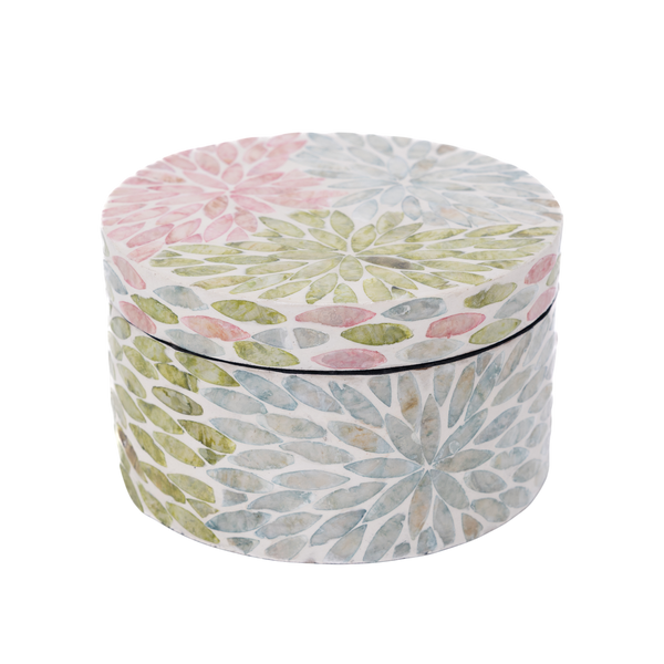 Le Jardin Secret - Boîte décorative ronde en nacre, motif fleuri pastel sur fond transparent – Produit artisanal fait à la main · Kuênia