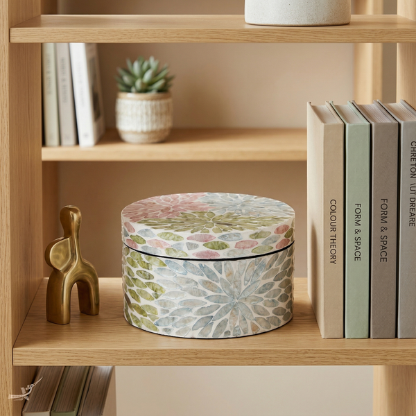 Le Jardin Secret - Boîte décorative ronde en nacre, motif fleuri pastel – vue d'usage – Produit artisanal fait à la main · Kuênia