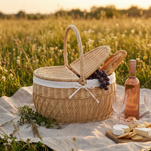 Kaigio - Panier pique-nique en rotin tressé main – vue de détail – Produit artisanal fait à la main · Kuênia