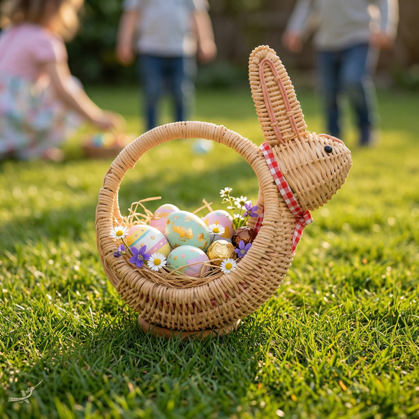 Taito - Panier lapin en rotin tressé main – vue de détail – Produit artisanal fait à la main · Kuênia