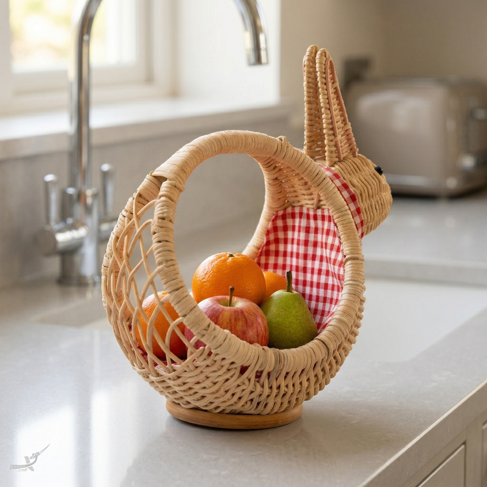Taito - Rabbit-shaped basket in handwoven rattan – lifestyle view – Handcrafted product, handmade · Kuênia
