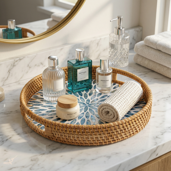 Mandalia - Plateau rond en rotin et nacre fait main, motif mandala bleu – mise en scène – Produit artisanal fait à la main · Kuênia