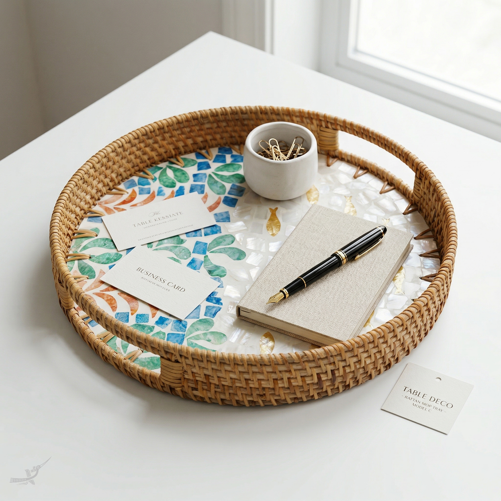 Aquaria - Round tray in handmade rattan and mother-of-pearl, coral and fish school pattern – lifestyle view – Handcrafted product, handmade · Kuênia
