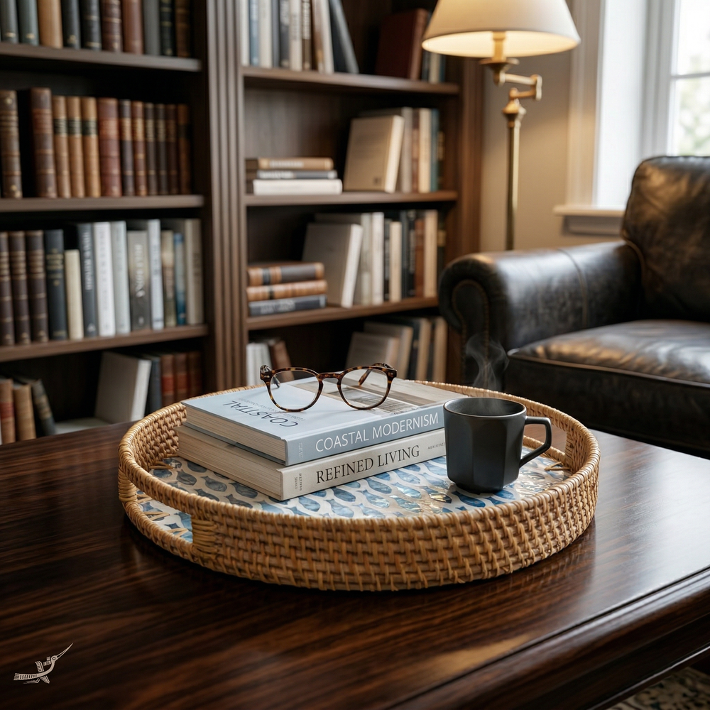 Escalia - Plateau rond en rotin et nacre fait main, motif banc de poissons – vue de détail – Produit artisanal fait à la main · Kuênia