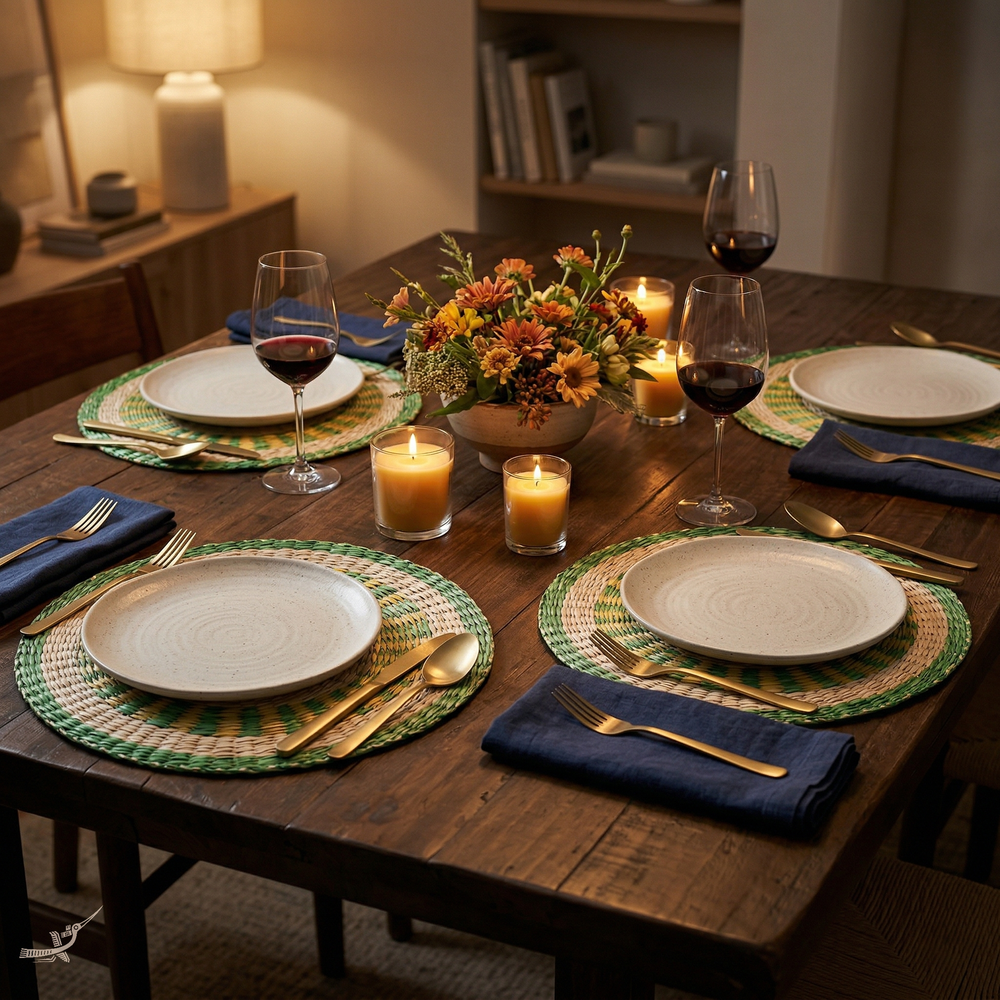 Champ Verdoyant - Set de table rond en jonc de mer tressé, motif vert et jaune – vue d'ambiance – Produit artisanal fait à la main · Kuênia