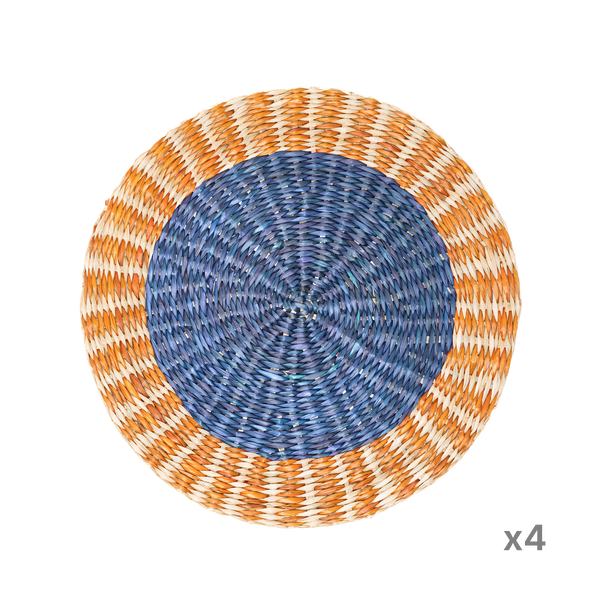 Anneau Doré - Set de table rond en jonc de mer tressé, motif bleu et orangé sur fond transparent – Produit artisanal fait à la main · Kuênia