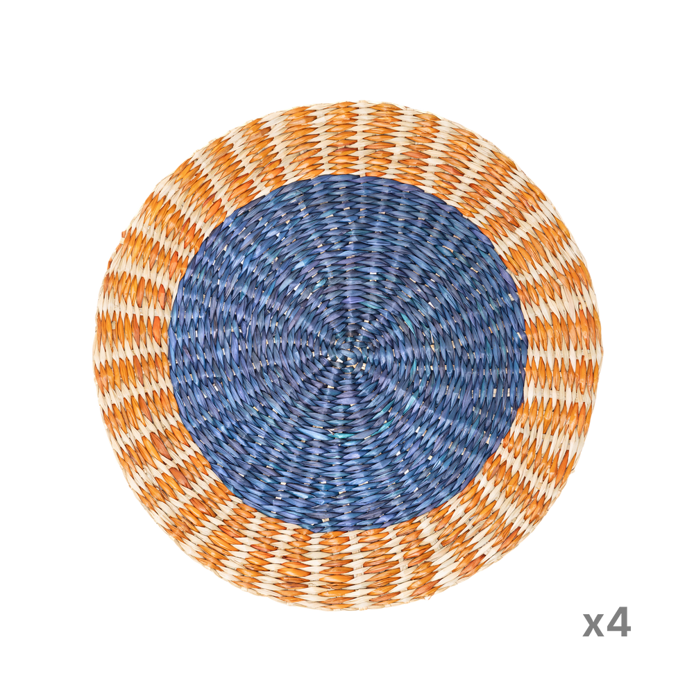Anneau Doré - Set de table rond en jonc de mer tressé, motif bleu et orangé sur fond transparent – Produit artisanal fait à la main · Kuênia