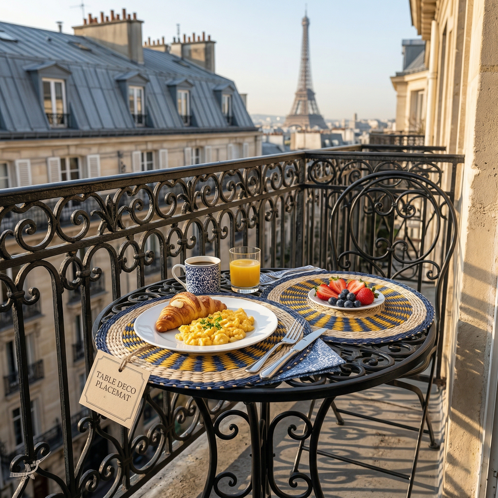 Oasis Marine - Set de table rond en jonc de mer tressé – vue de détail – Produit artisanal fait à la main · Kuênia