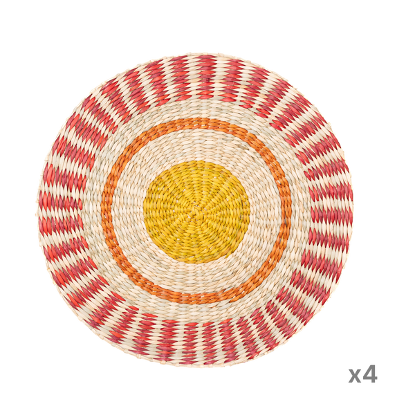 Étoile Flamboyante - Set de table rond en jonc de mer tressé, motif soleil sur fond transparent – Produit artisanal fait à la main · Kuênia