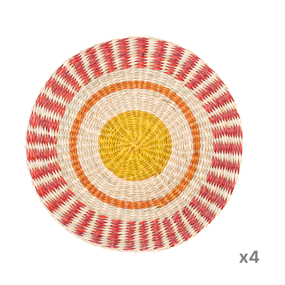 Étoile Flamboyante - Round placemat in handwoven seagrass, sun pattern on transparent background – Handcrafted product, handmade · Kuênia