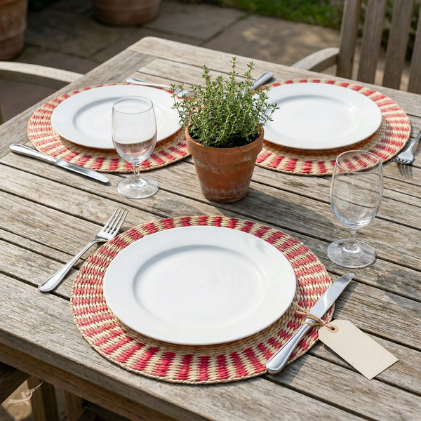 Étoile Flamboyante - Set de table rond en jonc de mer tressé, motif soleil – vue de détail – Produit artisanal fait à la main · Kuênia