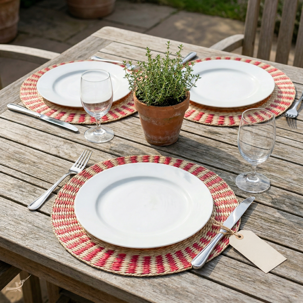 Étoile Flamboyante - Round placemat in handwoven seagrass, sun pattern – detail view – Handcrafted product, handmade · Kuênia