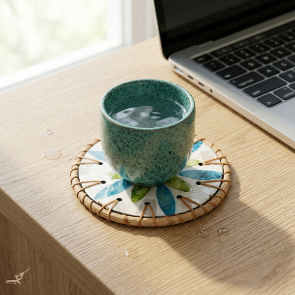 Valse de Nymphéa - Coffret de 6 sous-verres en rotin et nacre, motif végétal bleu et vert – vue de détail – Produit artisanal fait à la main · Kuênia