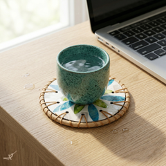 Valse de Nymphéa - Boxed set of 6 coasters in rattan and mother-of-pearl, blue and green botanical pattern – detail view – Handcrafted product, handmade · Kuênia