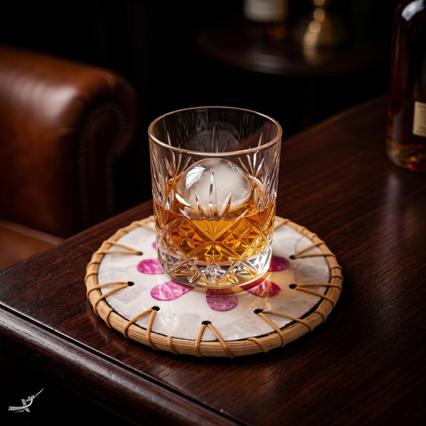 Éclats de Bougainvillier - Coffret de 6 sous-verres en rotin et nacre, motif floral rose – mise en scène – Produit artisanal fait à la main · Kuênia