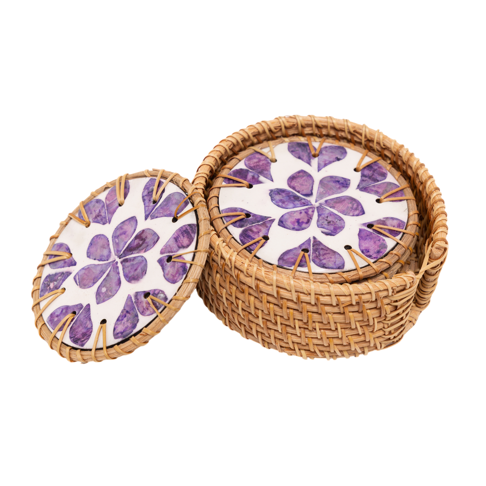 Souffle de Violette - Boxed set of 6 coasters in rattan and mother-of-pearl, purple floral pattern on transparent background – Handcrafted product, handmade · Kuênia
