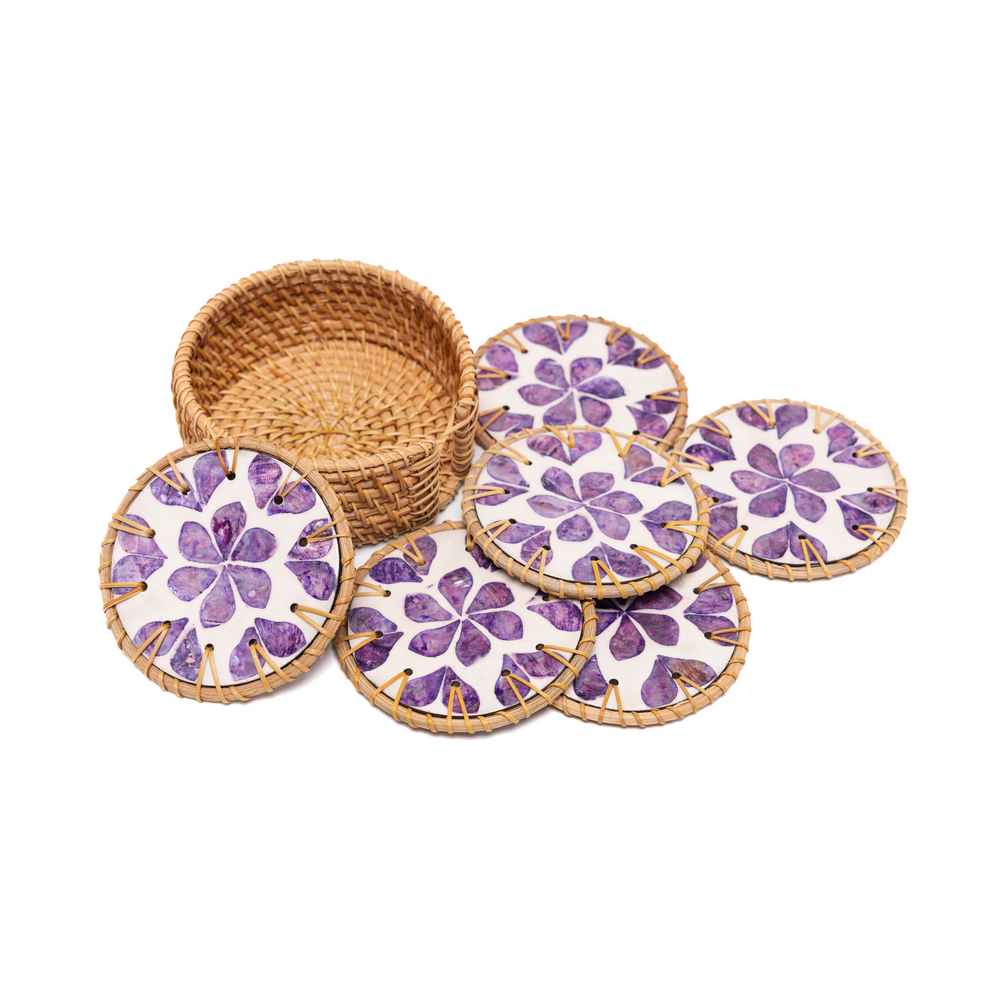 Souffle de Violette - Boxed set of 6 coasters in rattan and mother-of-pearl, purple floral pattern – view 4 – Handcrafted product, handmade · Kuênia