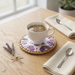Souffle de Violette - Boxed set of 6 coasters in rattan and mother-of-pearl, purple floral pattern – detail view – Handcrafted product, handmade · Kuênia