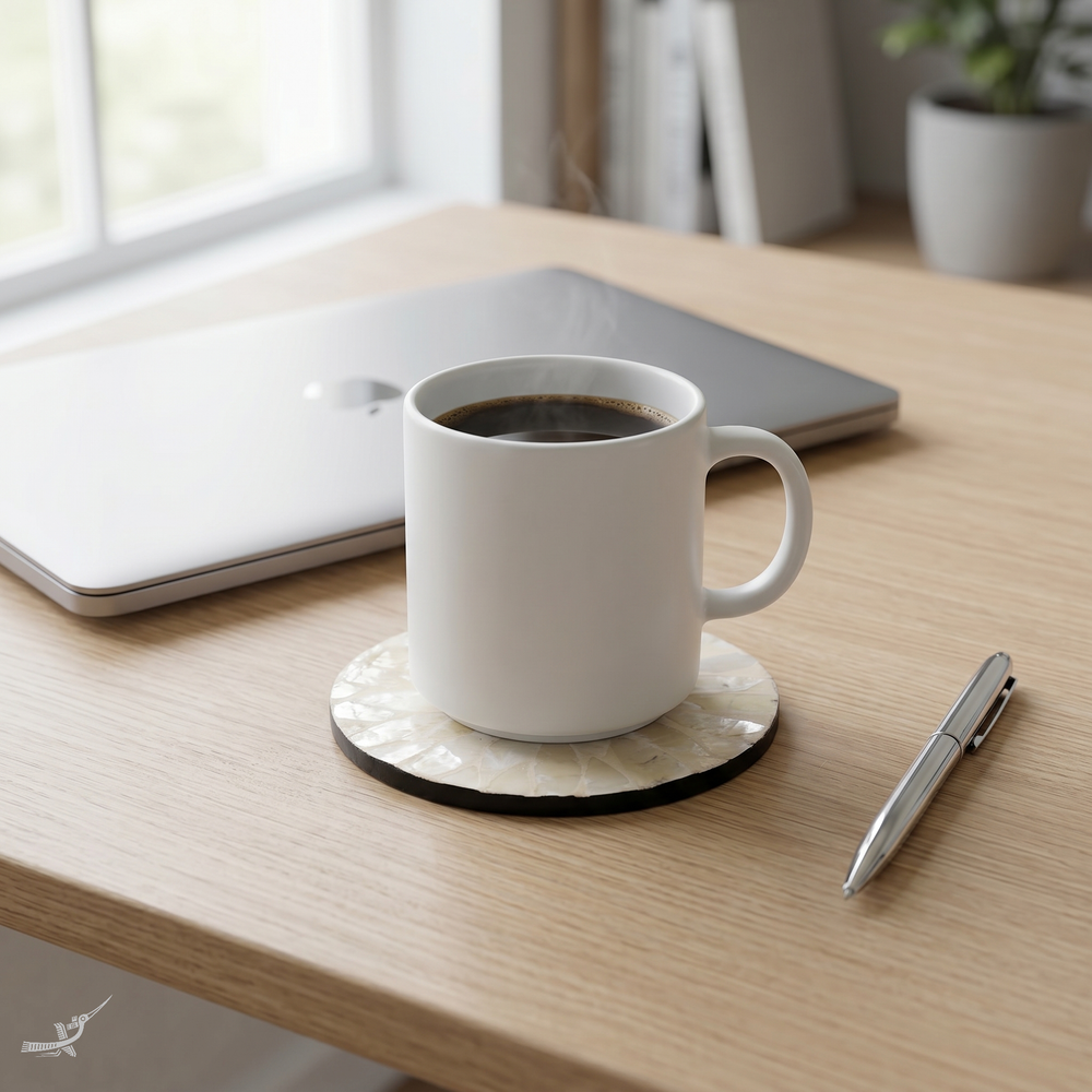 Reflets de Cristal - Coffret de 6 sous-verres tout nacre, motif floral translucide – vue de détail – Produit artisanal fait à la main · Kuênia
