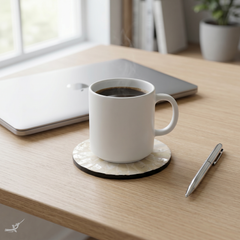Reflets de Cristal - Coffret de 6 sous-verres tout nacre, motif floral translucide – vue de détail – Produit artisanal fait à la main · Kuênia