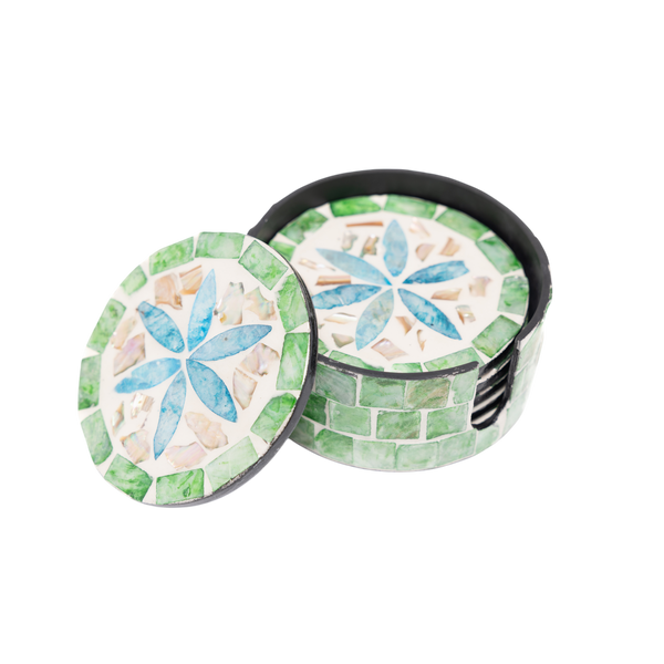 Jardin de Verre - Coffret de 6 sous-verres tout nacre, mosaïque florale multicolore sur fond transparent – Produit artisanal fait à la main · Kuênia