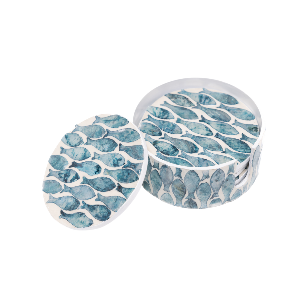 Écailles de Nacre – Boxed set of 6 coasters all mother-of-pearl, fish school pattern on transparent background – Handcrafted product, handmade · Kuênia