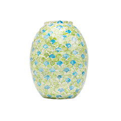 Sirena - Curved vase in mother-of-pearl marquetry, green and blue scales pattern on transparent background – Handcrafted product, handmade · Kuênia