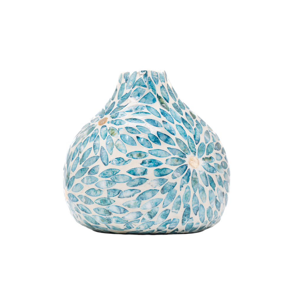 Celesto - Teardrop decorative vase in blue mother-of-pearl marquetry, floral pattern on transparent background – Handcrafted product, handmade · Kuênia