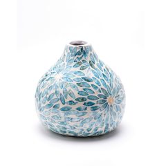 Celesto - Teardrop decorative vase in blue mother-of-pearl marquetry, floral pattern – view 2 – Handcrafted product, handmade · Kuênia
