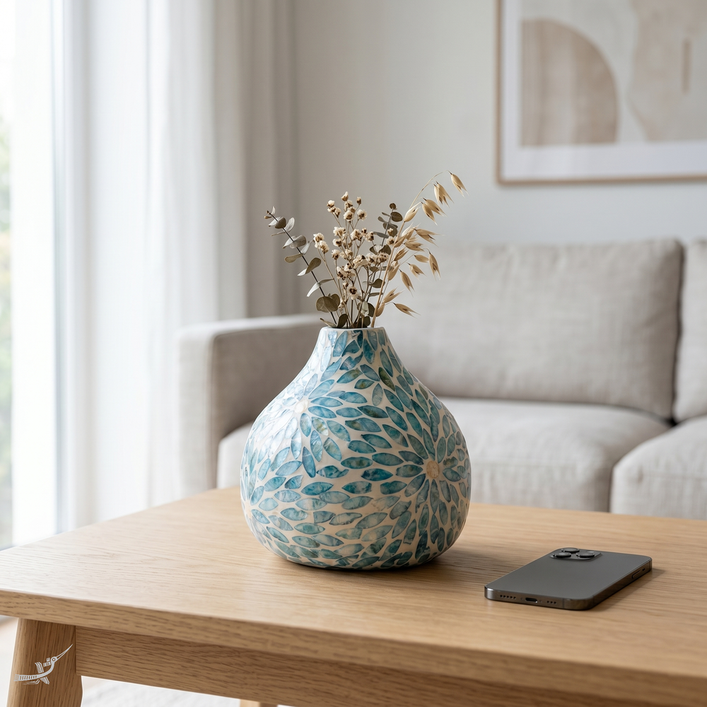 Celesto - Teardrop decorative vase in blue mother-of-pearl marquetry, floral pattern – staged view – Handcrafted product, handmade · Kuênia