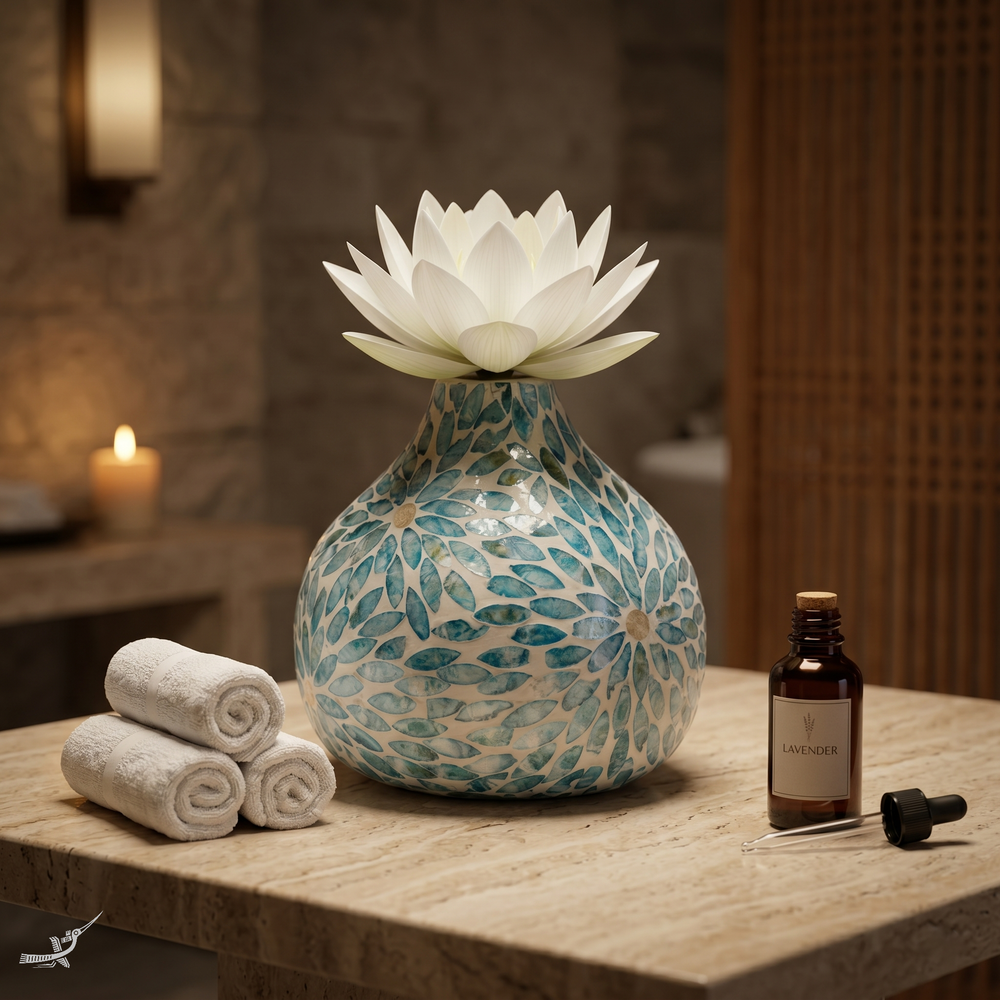 Celesto - Teardrop decorative vase in blue mother-of-pearl marquetry, floral pattern – lifestyle view – Handcrafted product, handmade · Kuênia