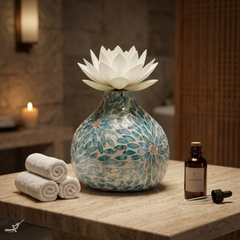 Celesto - Teardrop decorative vase in blue mother-of-pearl marquetry, floral pattern – lifestyle view – Handcrafted product, handmade · Kuênia