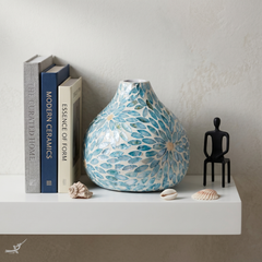 Celesto - Teardrop decorative vase in blue mother-of-pearl marquetry, floral pattern – in-use view – Handcrafted product, handmade · Kuênia
