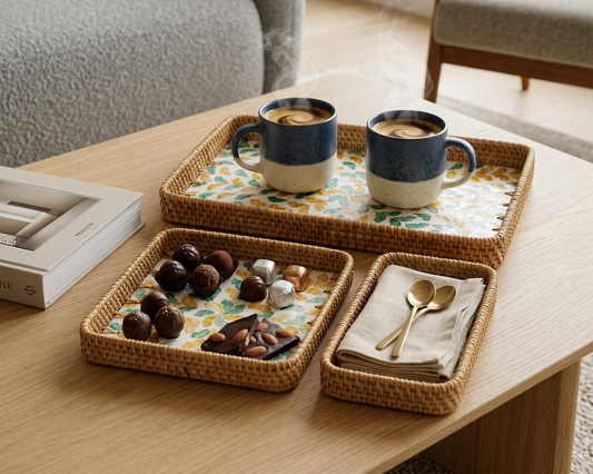 Plateaux pour le thé – art de la table en rotin et nacre · Kuênia